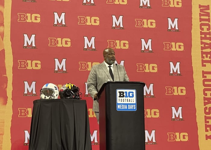 Maryland head football coach Michael Locksley talks at Big Ten Football Media Days.
